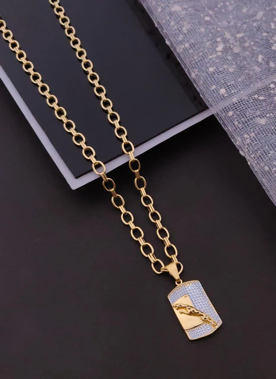 Dual-Tone Studded Jaguar Dog Tag Pendant Necklace