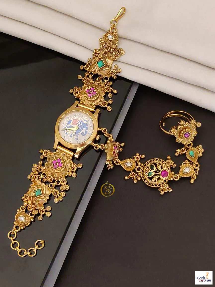 Elephant Dial Hathphool Bracelet Watch With Adjustable Ring