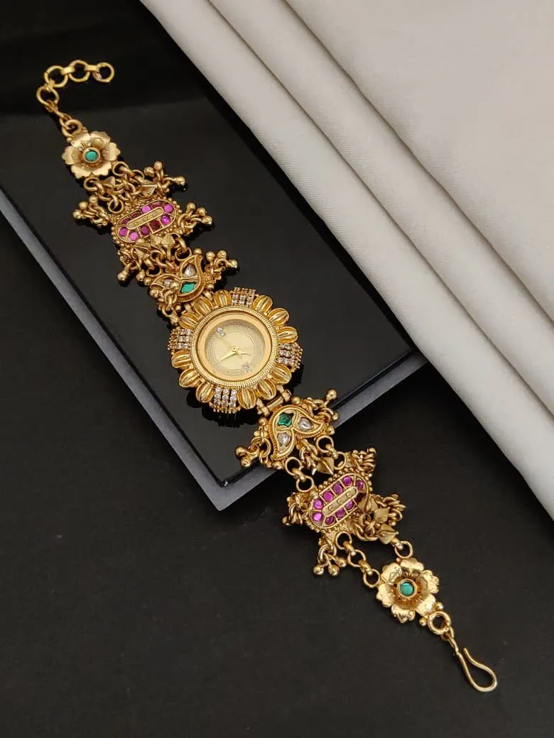 Floral Ethnic Luxurious Antique Gold-Plated Bracelet Watch