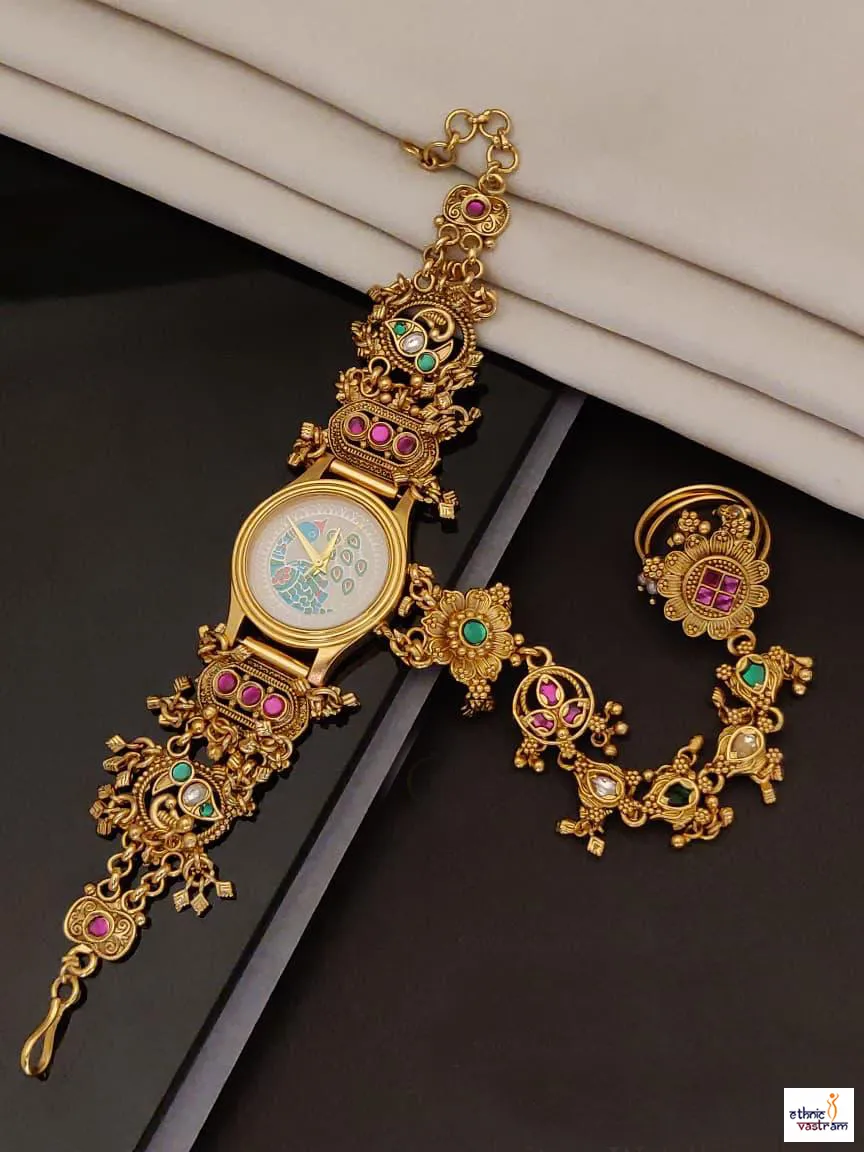 Gold-Plated Peacock Dial Bracelet Watch With Attached Ring