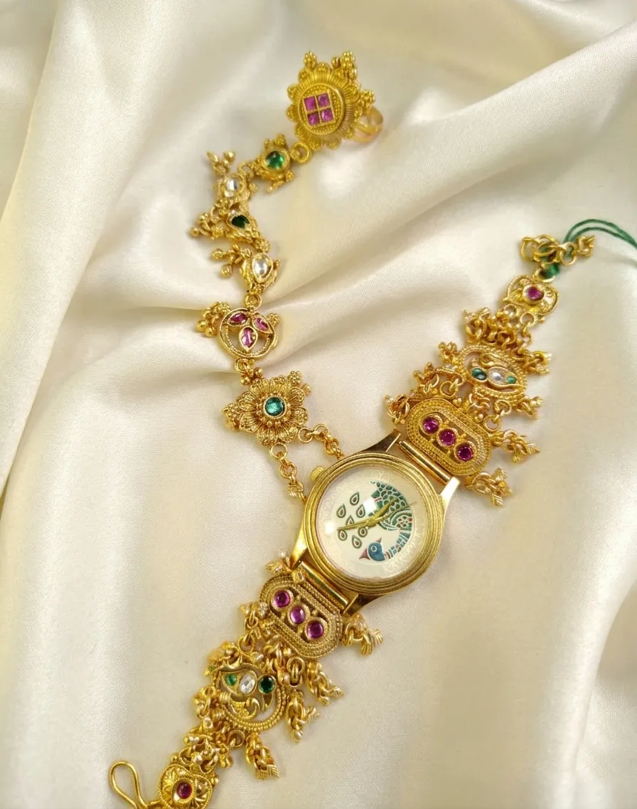 Gold-Plated Peacock Dial Bracelet Watch With Attached Ring