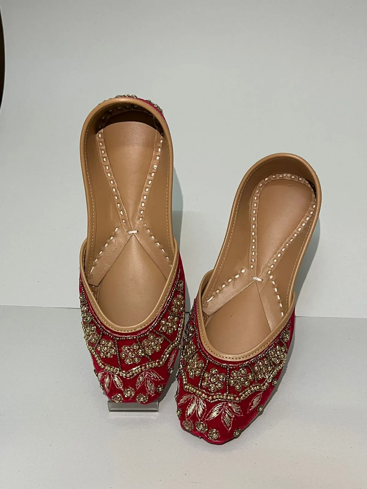 Golden Bullion Embroidery Handcrafted Red Velvet Zardosi Punjabi Jutti