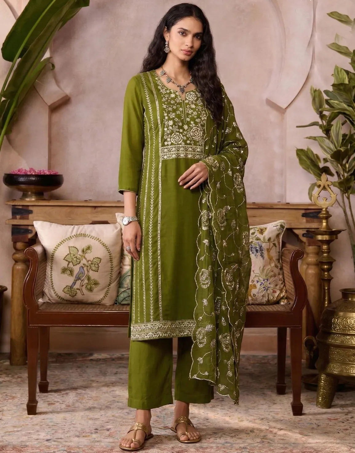 Green Embroidered Organza Readymade Salwar Suit