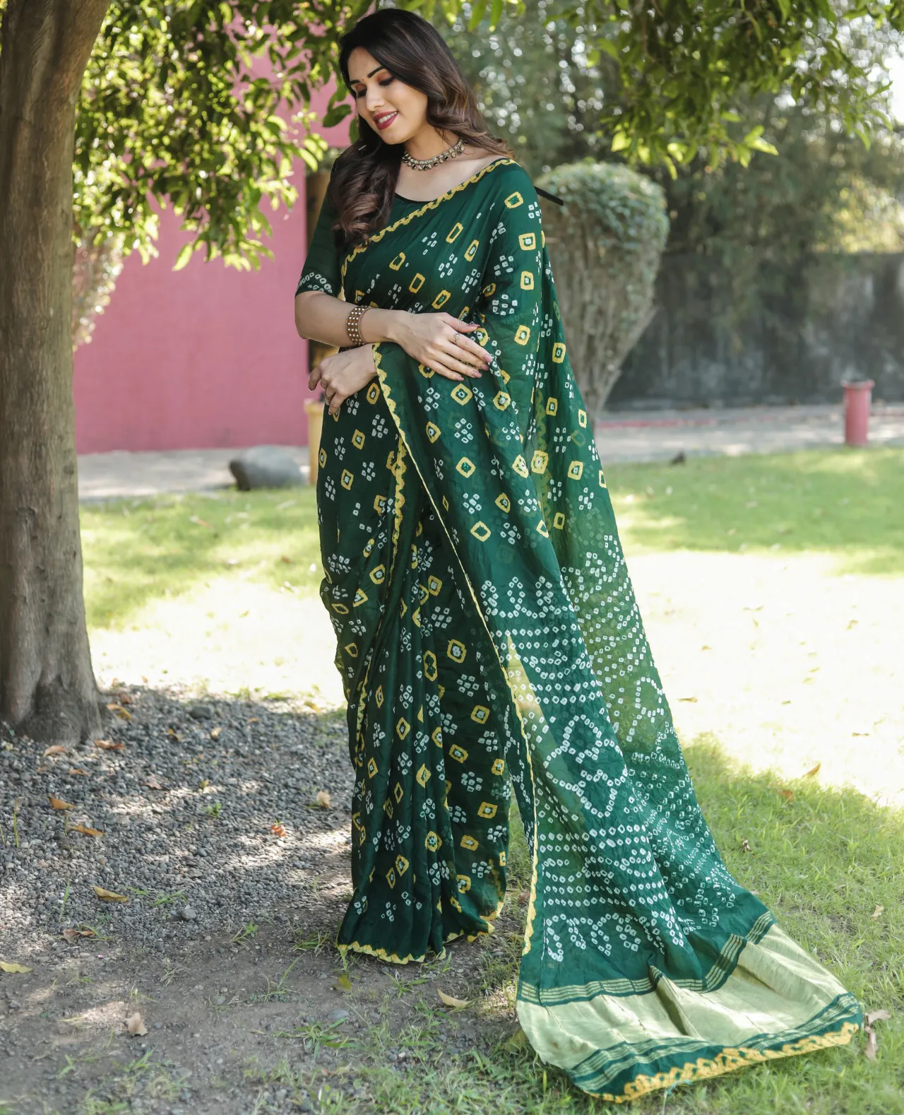 Green Pure Bandhej Silk Zari Weaving Border Work Saree