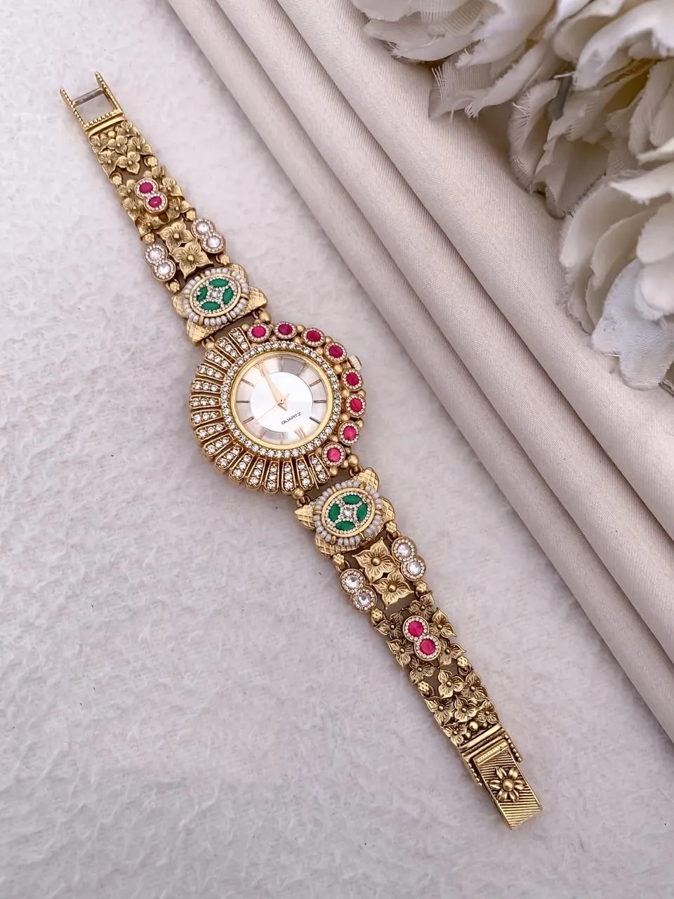 Green & Red Ruby Gold-Plated Meenakari Bracelet Watch