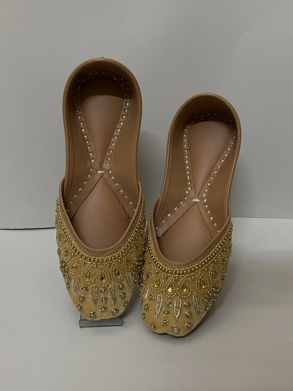 Handcrafted Beige Velvet Punjabi Jutti with Golden Zardosi & Stone Work