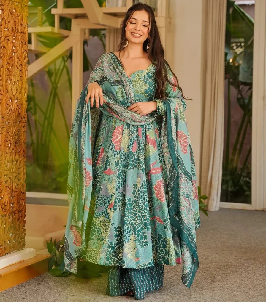 Light Blue Cotton Silk Digital Printed Gown Set Dupatta