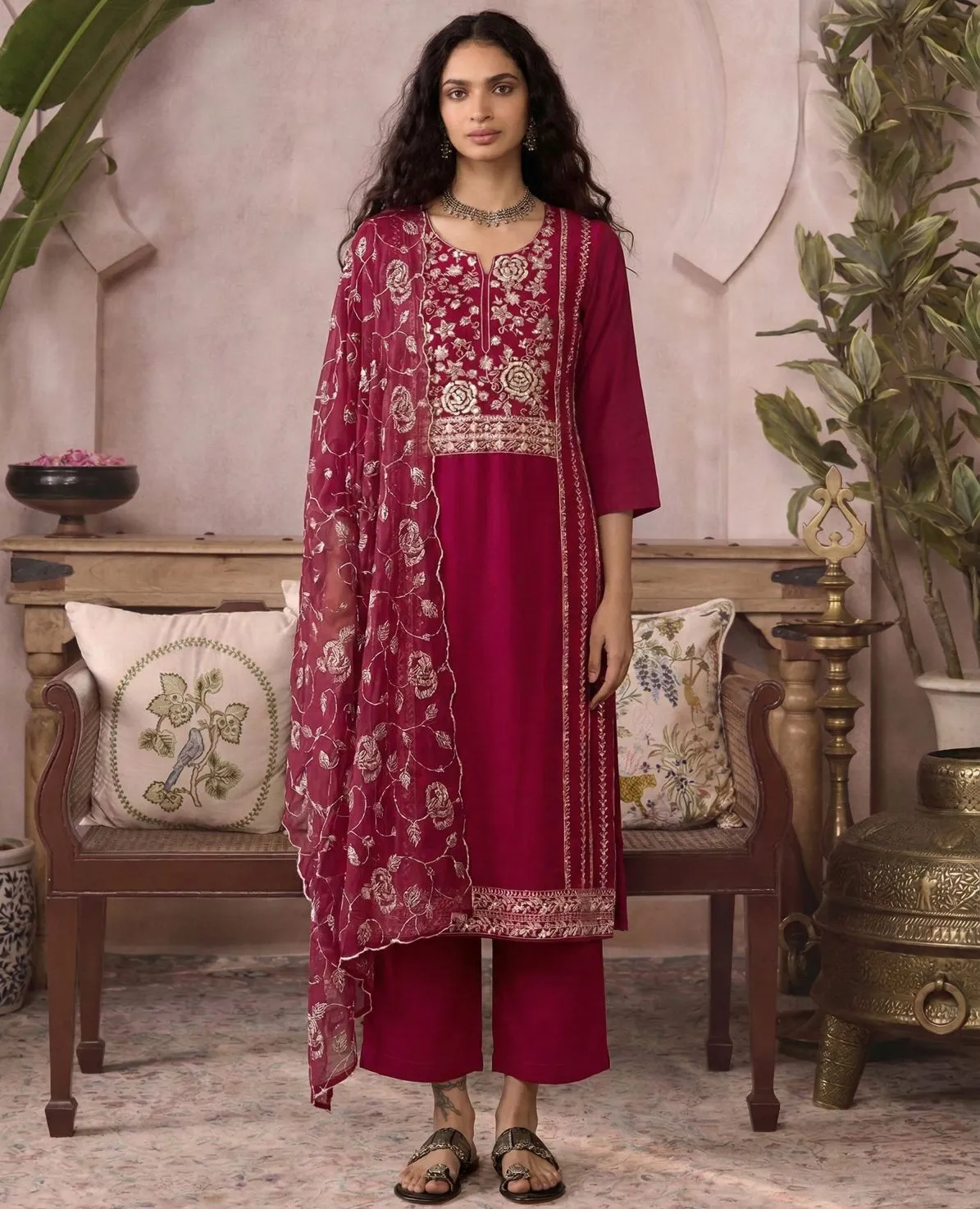 Magenta Embroidered Organza Readymade Salwar Suit