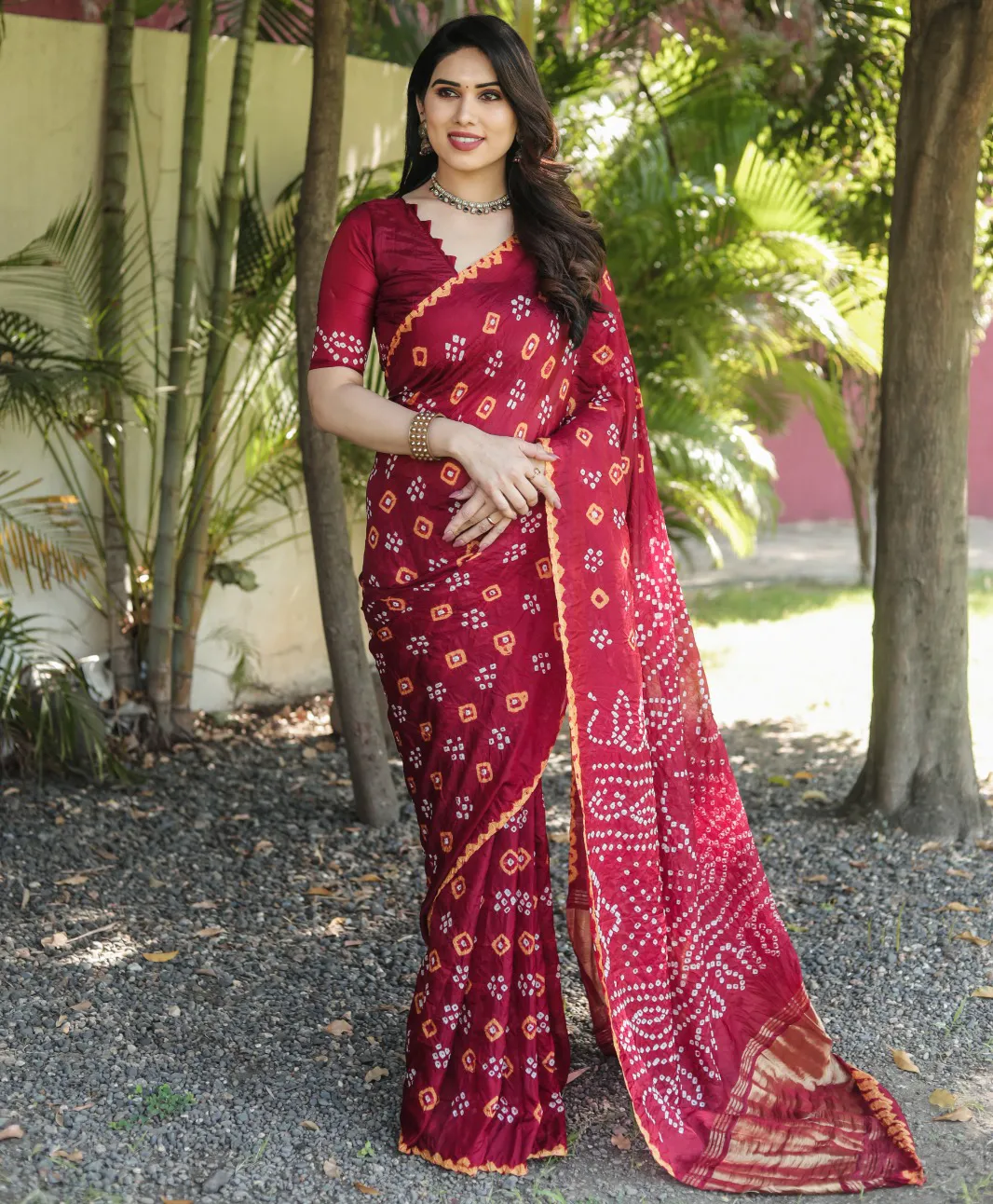 Maroon Pure Bandhej Silk Zari Weaving Border Work Saree