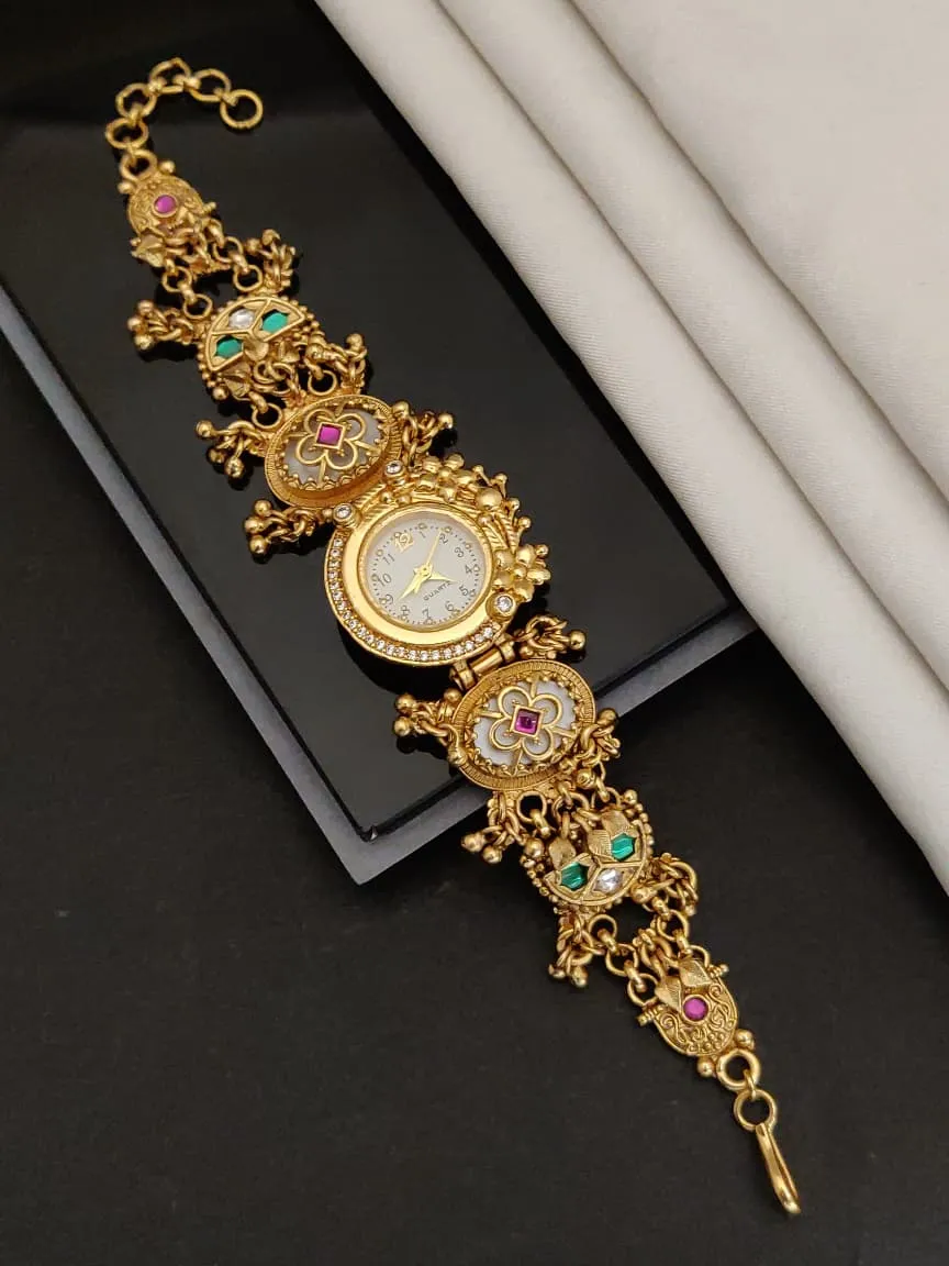 Multicolor Stone & Ghungroo Work Antique Bracelet Watch