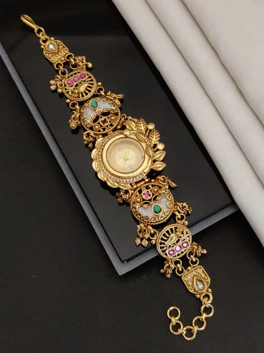 Multicolor Stone Work & Ghungroo Antique Peacock Bracelet Watch