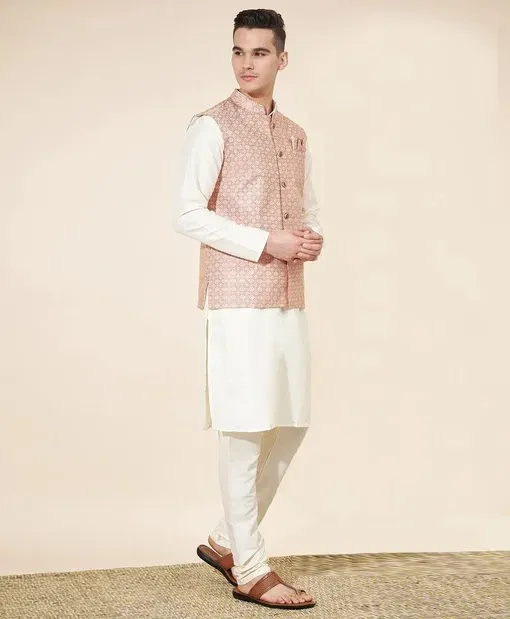 Off White Silk Kurta Pajama With Jacquard Jacket