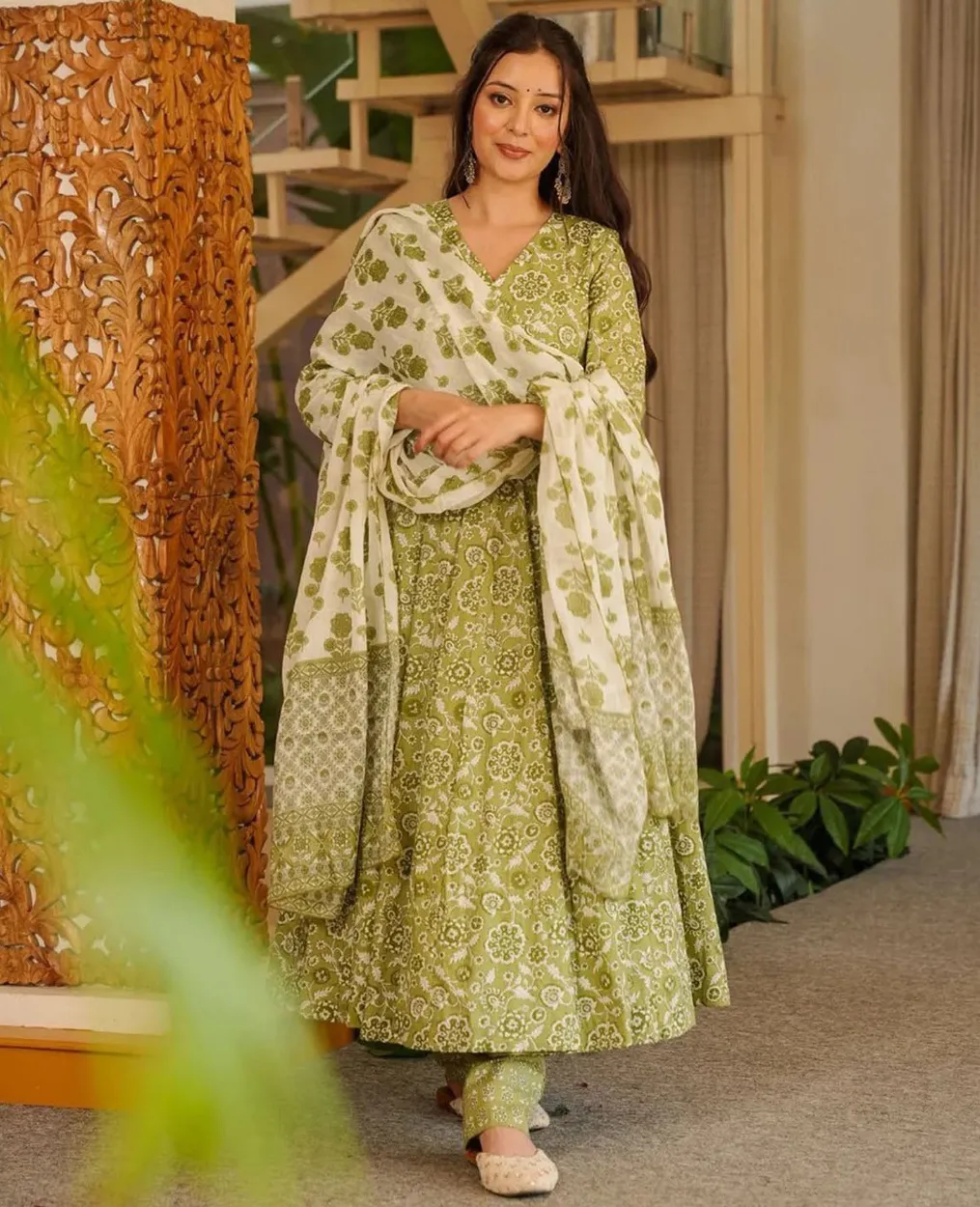 Olive Green Cotton Silk Digital Print Gown Set Dupatta