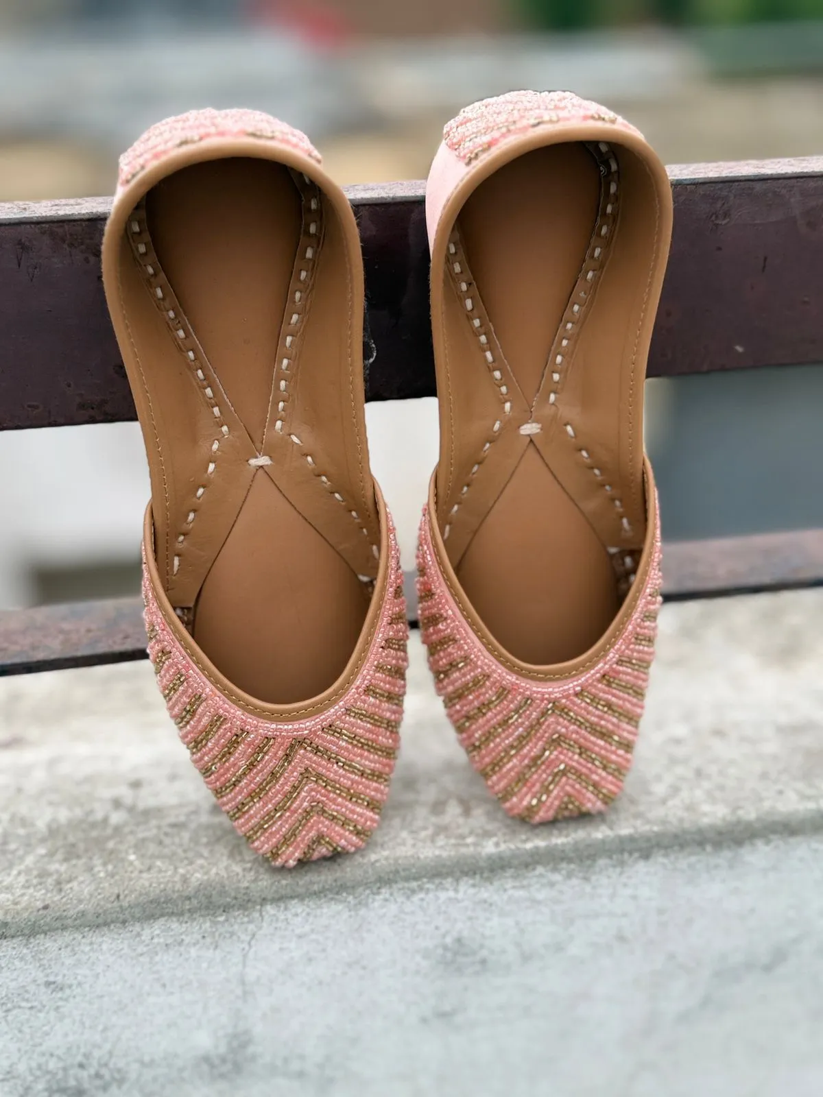 Peach Beaded Chevron Pattern Punjabi Ethnic Mojari
