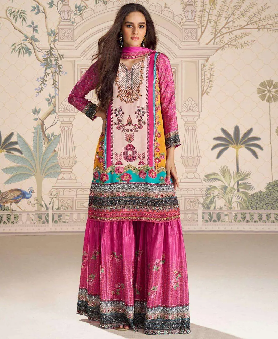 Pink Premium Real Crepe Silk Mirror Work Gharara Set