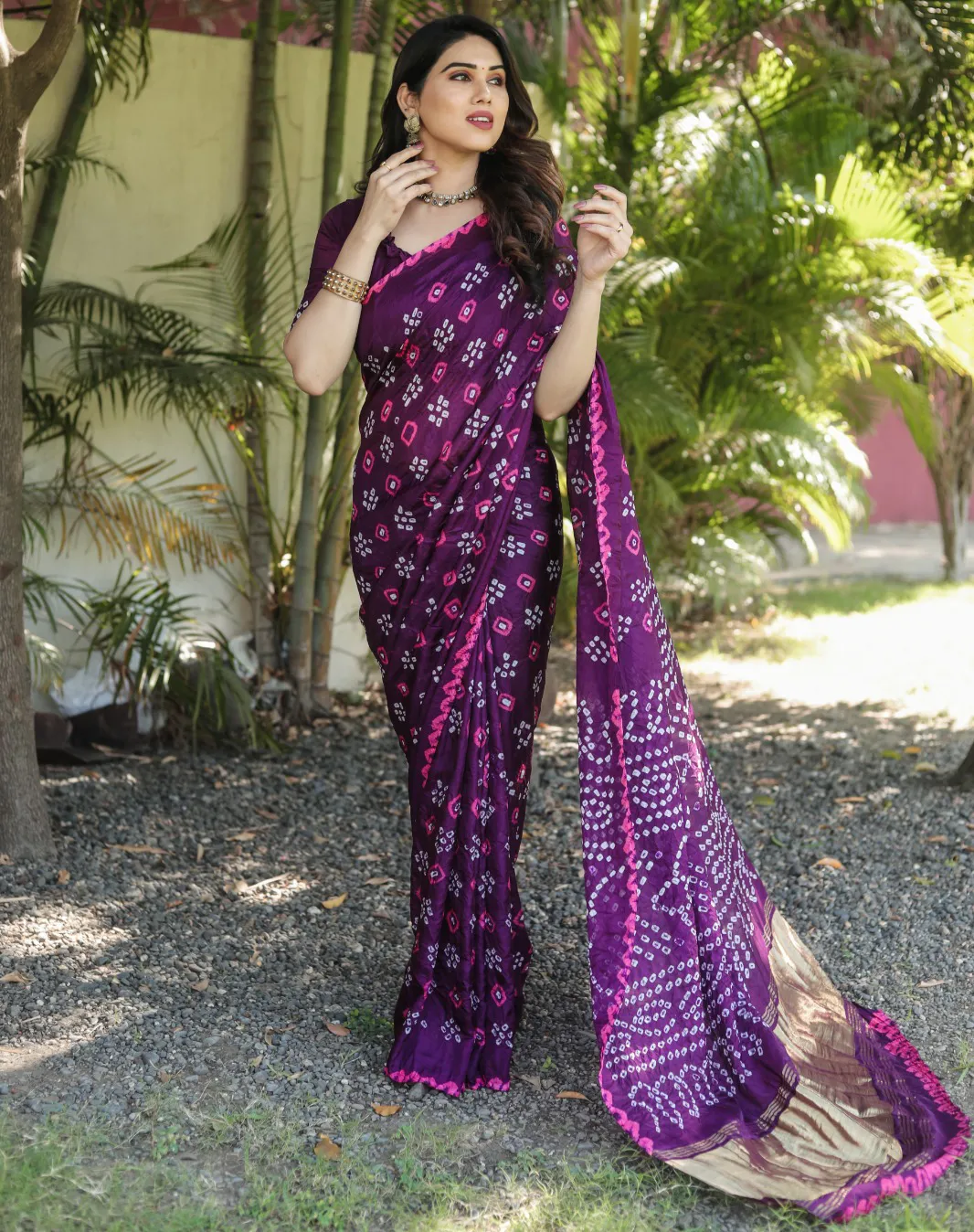 Purple Pure Bandhej Silk Zari Weaving Border Work Saree