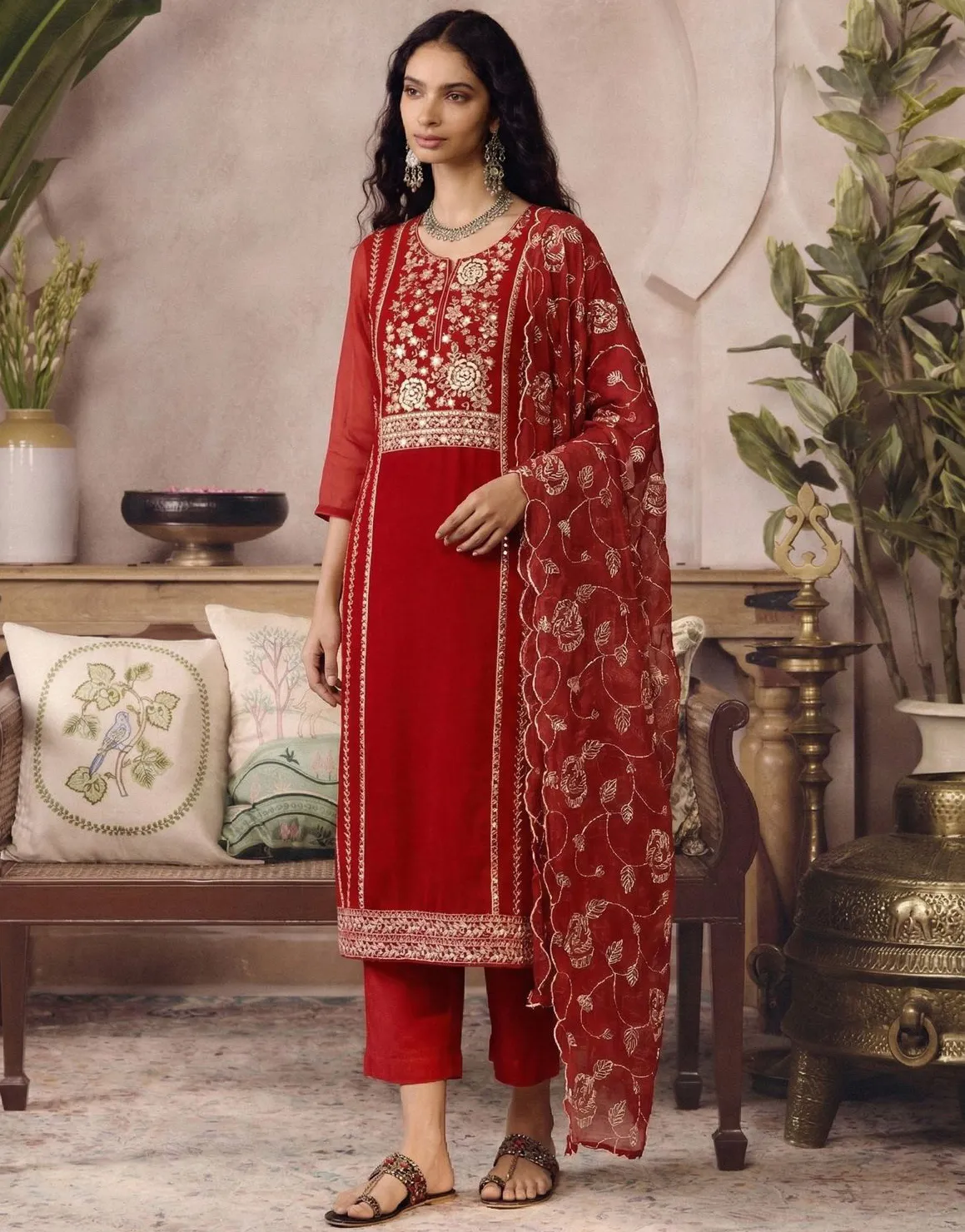 Red Embroidered Organza Readymade Salwar Suit