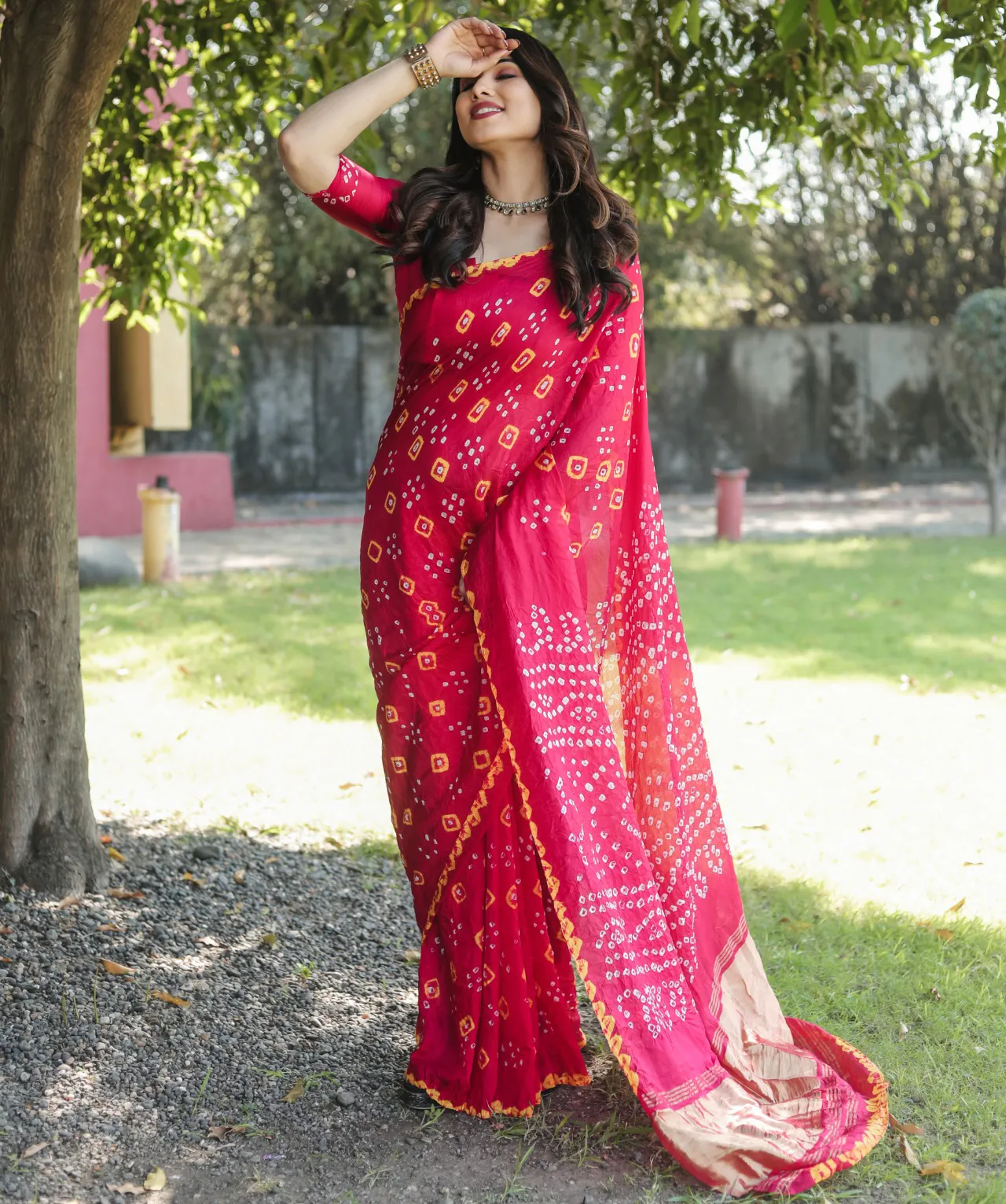 Red Pure Bandhej Silk Zari Weaving Border Work Saree