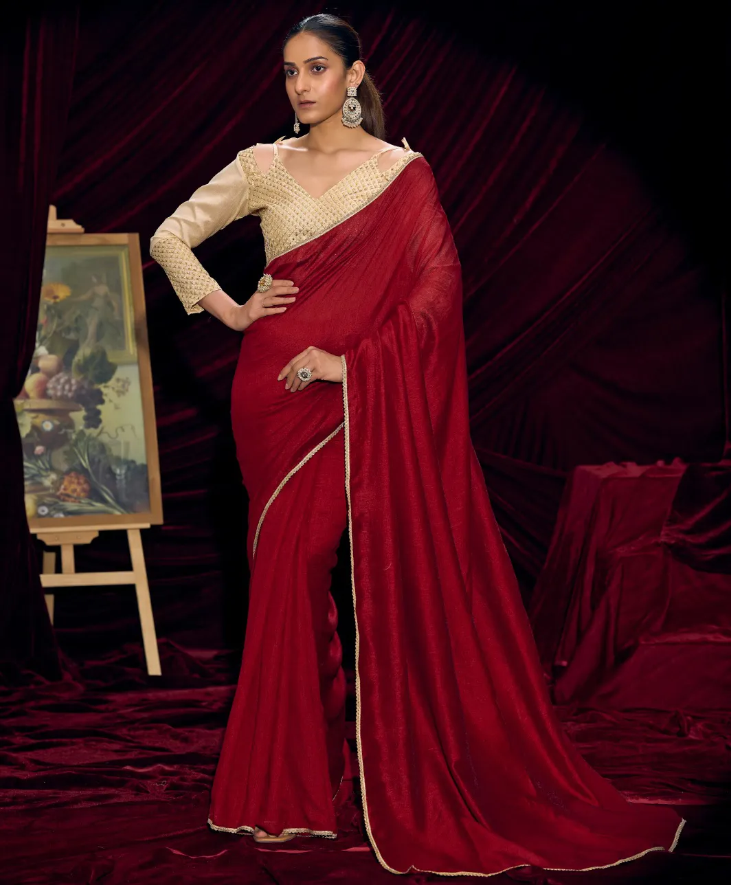 Red Silk Party Wear Ethnic Saree With Lace Border