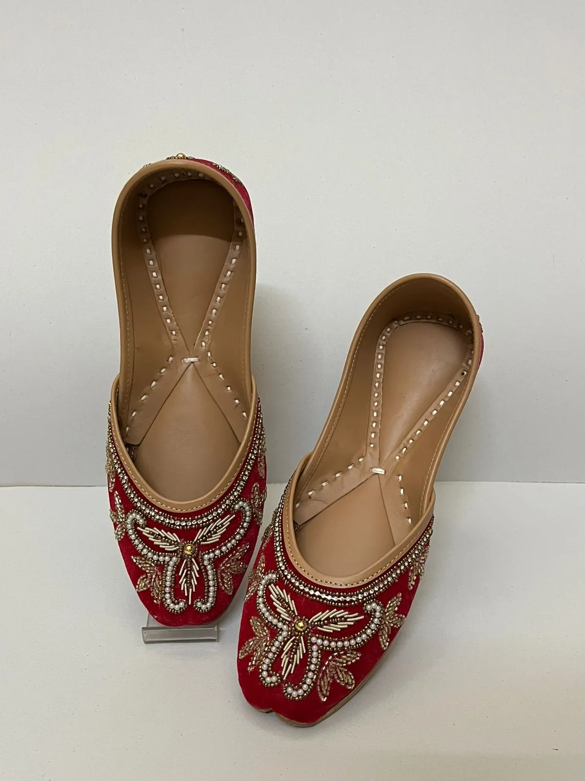 Red Velvet Butterfly Pearl & Zari Work Embroidered Bridal Jutti