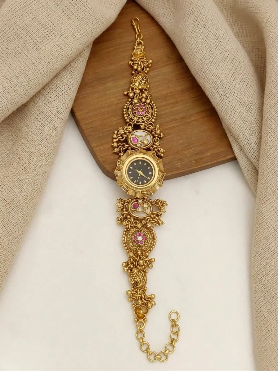 Round Black Dial Pink Stone Floral Temple Bracelet Watch