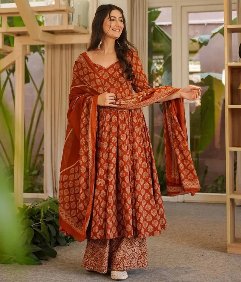 Rust Cotton Silk Digital Printed Gown Set Dupatta