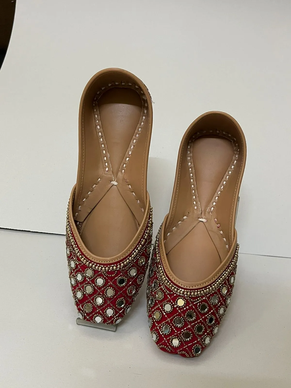 Silver Bead Embroidery Handcrafted Red Velvet Mirror Work Punjabi Jutti