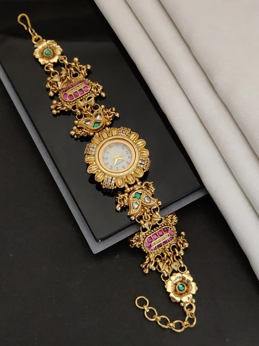Sunflower Dial Ruby & Green Stone Work Bracelet Watch