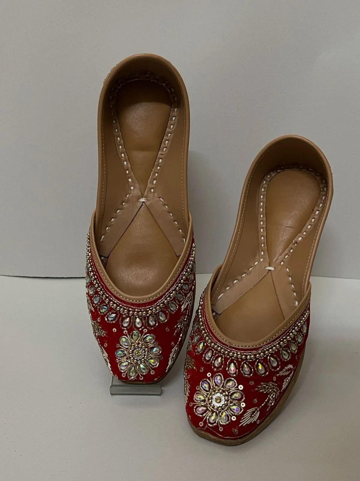 Traditional Handcrafted Red Velvet Mirror Stone Floral Work Ethnic Mojari