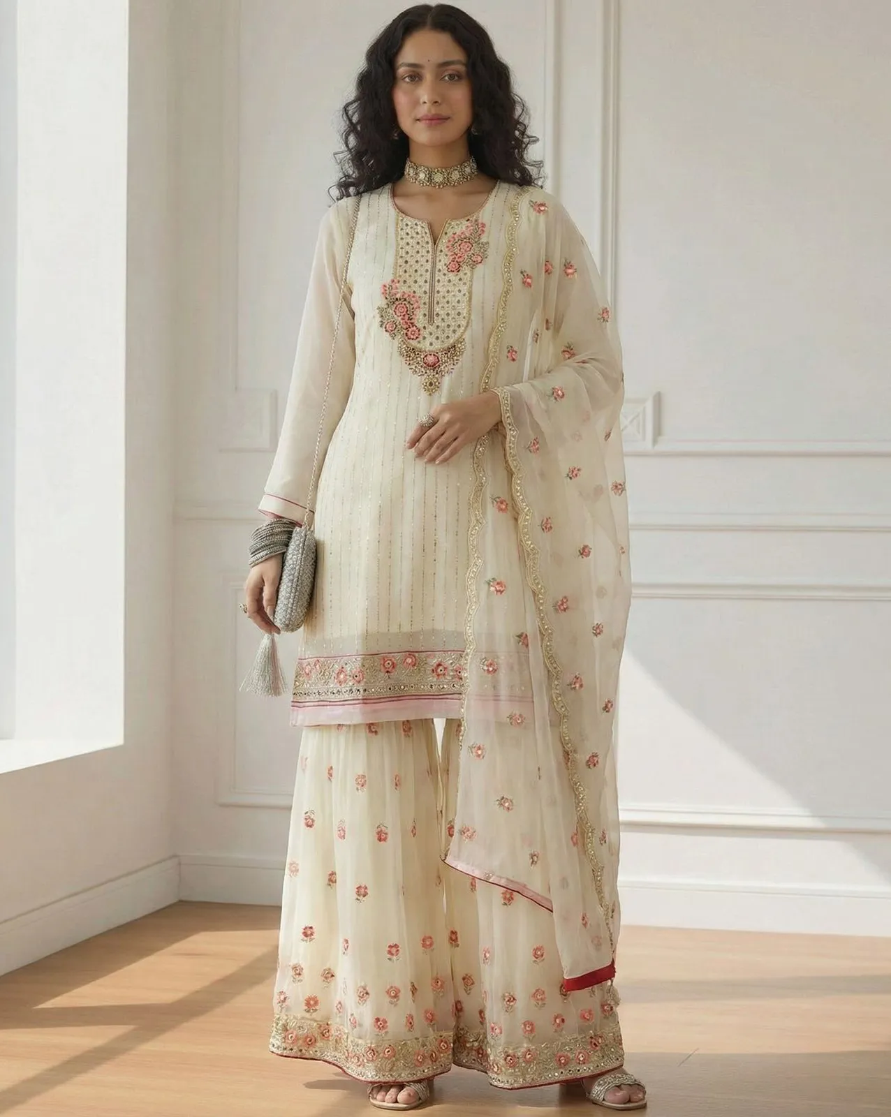 White Designer Georgette Khatli Embroidered Sharara Set