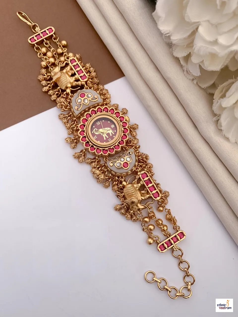 Antique Gold-Plated Meenakari Elephant Motif Floral Border Bracelet Watch