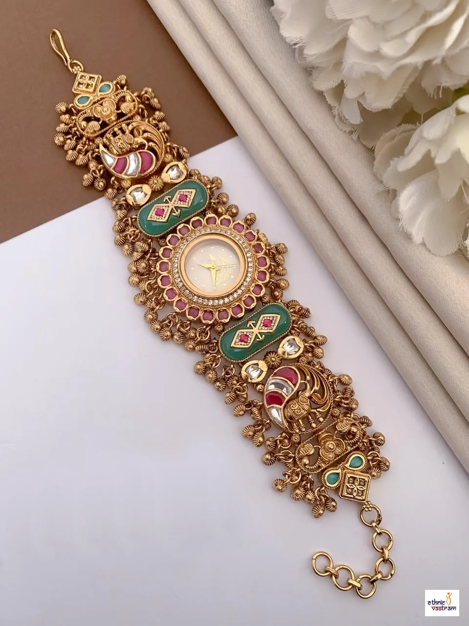 Antique Gold-Plated Peacock Motif Pink Floral Border Choker Style Watch