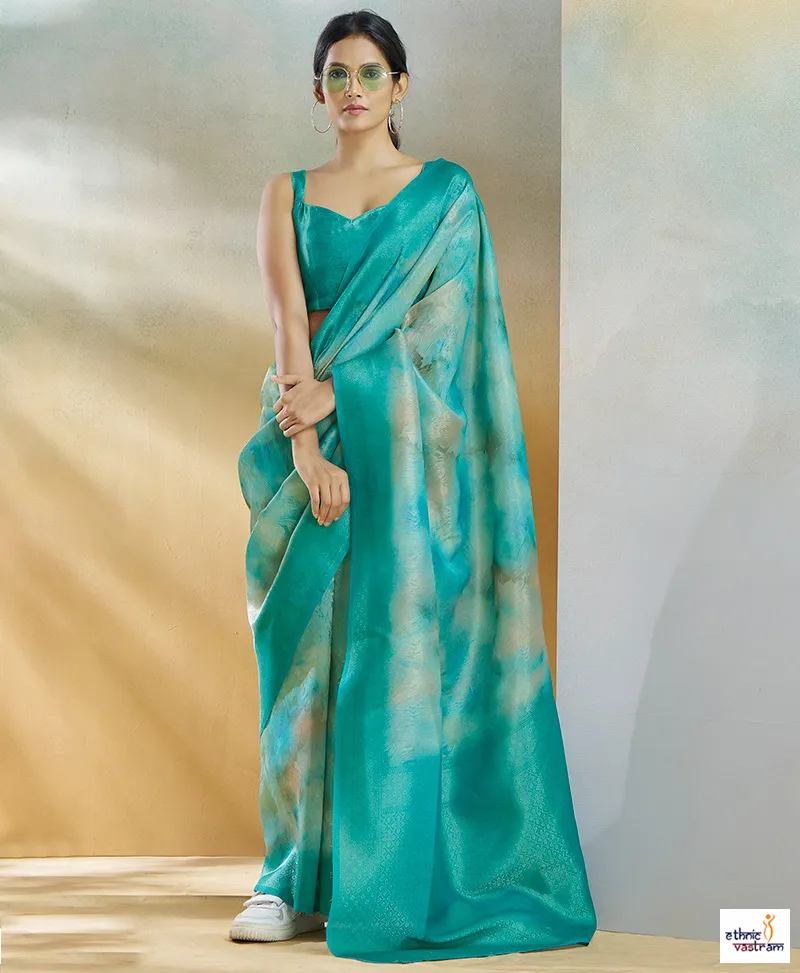 Aqua Blue Handloom Weaving Silk Artistic Texture Saree