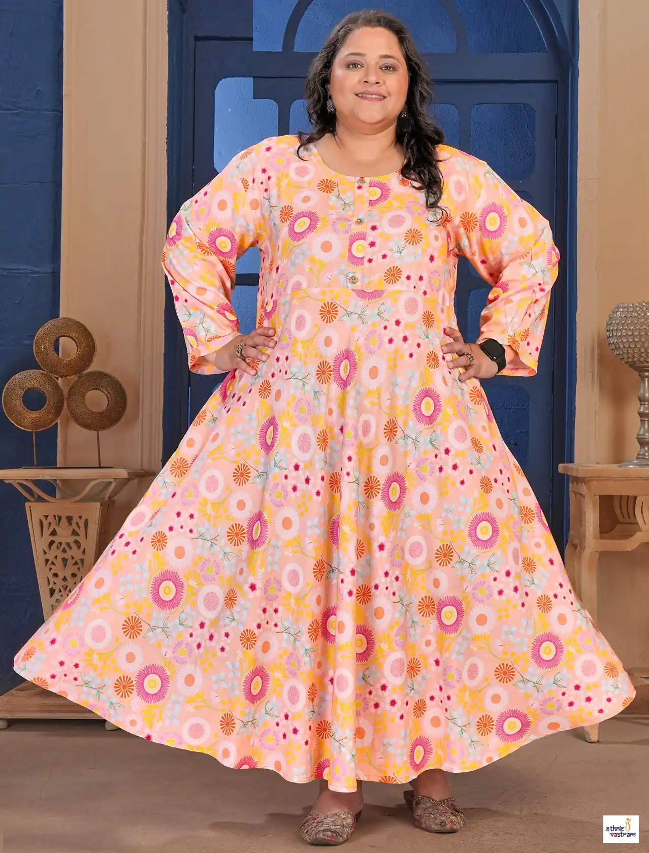 Baby Pink Plus Size Premium Rayon Ethnic Wear Long Kurti - Image 2