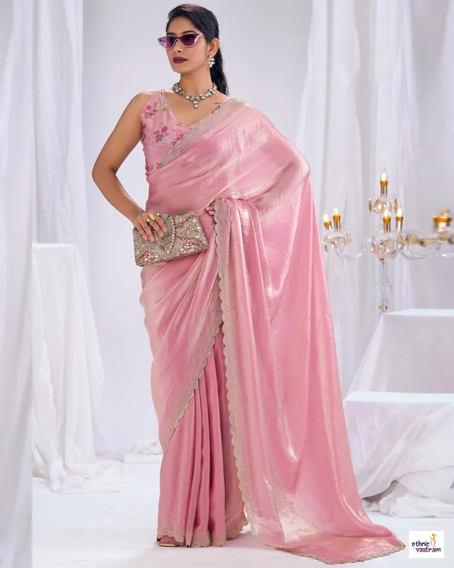 Baby Pink Silk Stone Work Border Work Designer Saree