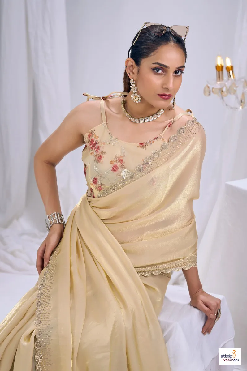 Beige Cream Silk Stone Work Border Work Designer Saree - Image 2