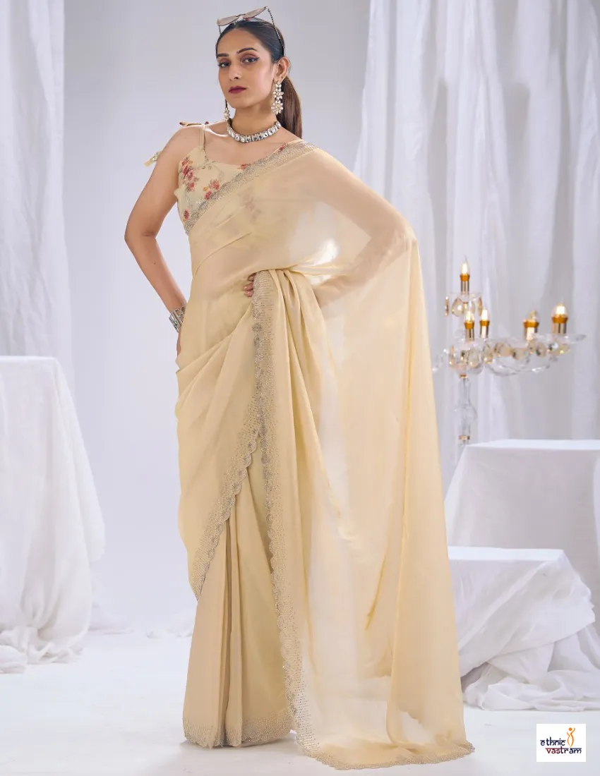 Beige Cream Silk Stone Work Border Work Designer Saree