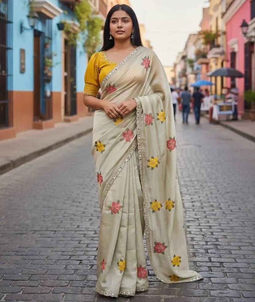 Beige Rangoli Silk Embroidered Mirror Work Fancy Saree