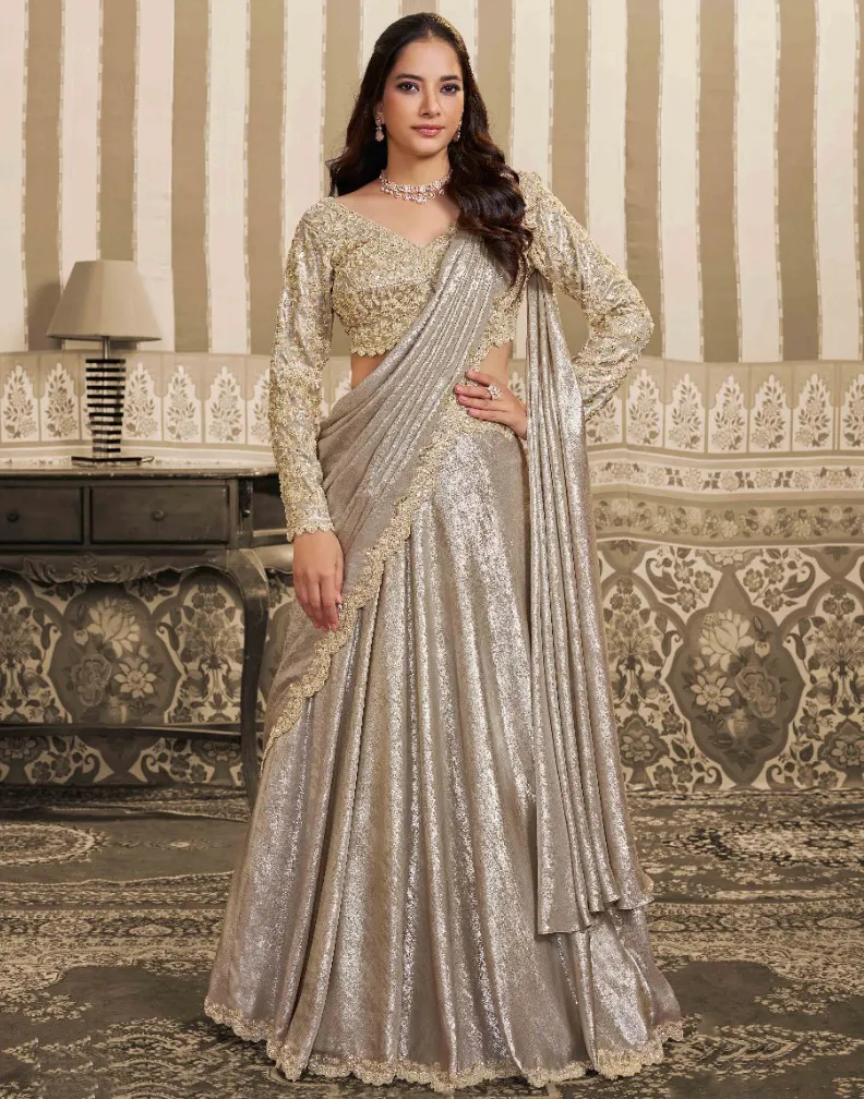 Beige Silver Foil Satin Sequins Aari Work Readymade Lehenga Saree
