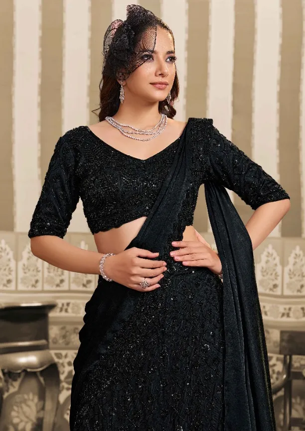 Black Foil Satin Sequins Work Readymade Lehenga Saree - Image 2