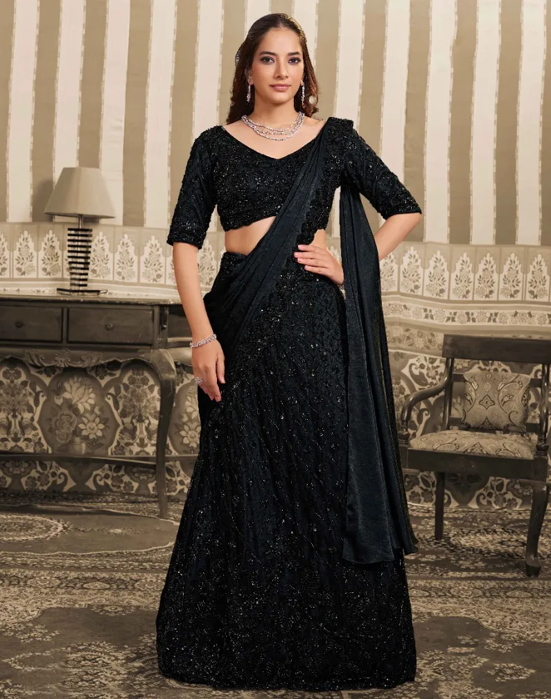 Black Foil Satin Sequins Work Readymade Lehenga Saree