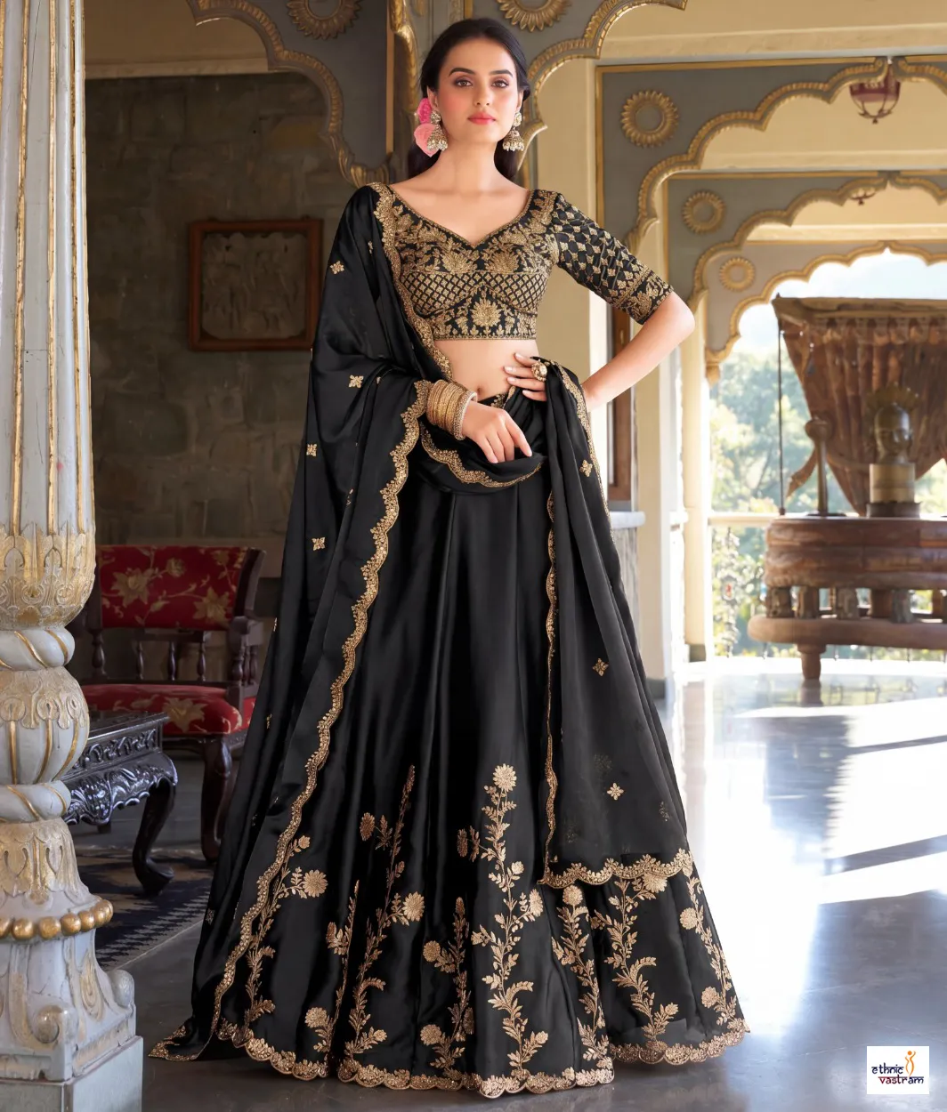 Black Premium Rangoli Silk Embroidered Lehenga Choli Set