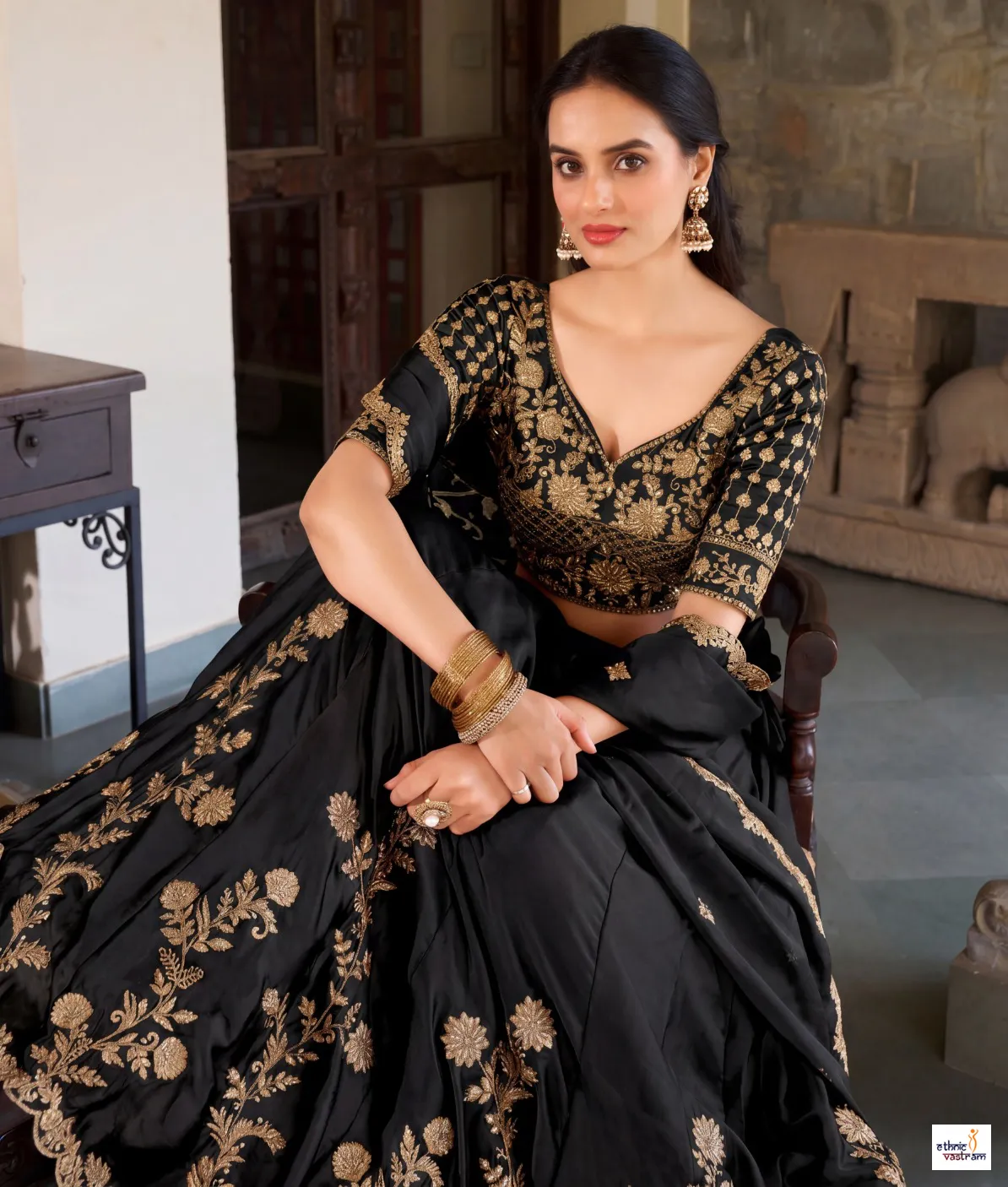 Black Premium Rangoli Silk Embroidered Lehenga Choli Set - Image 4