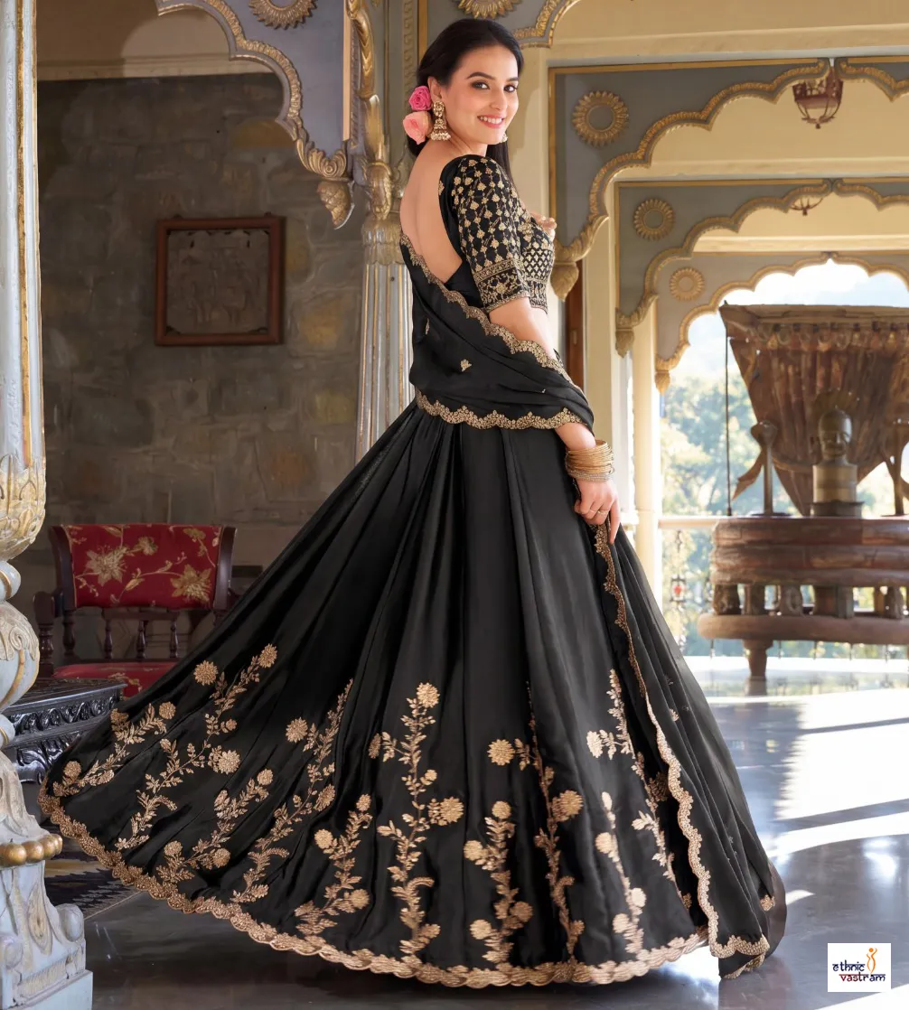 Black Premium Rangoli Silk Embroidered Lehenga Choli Set - Image 3