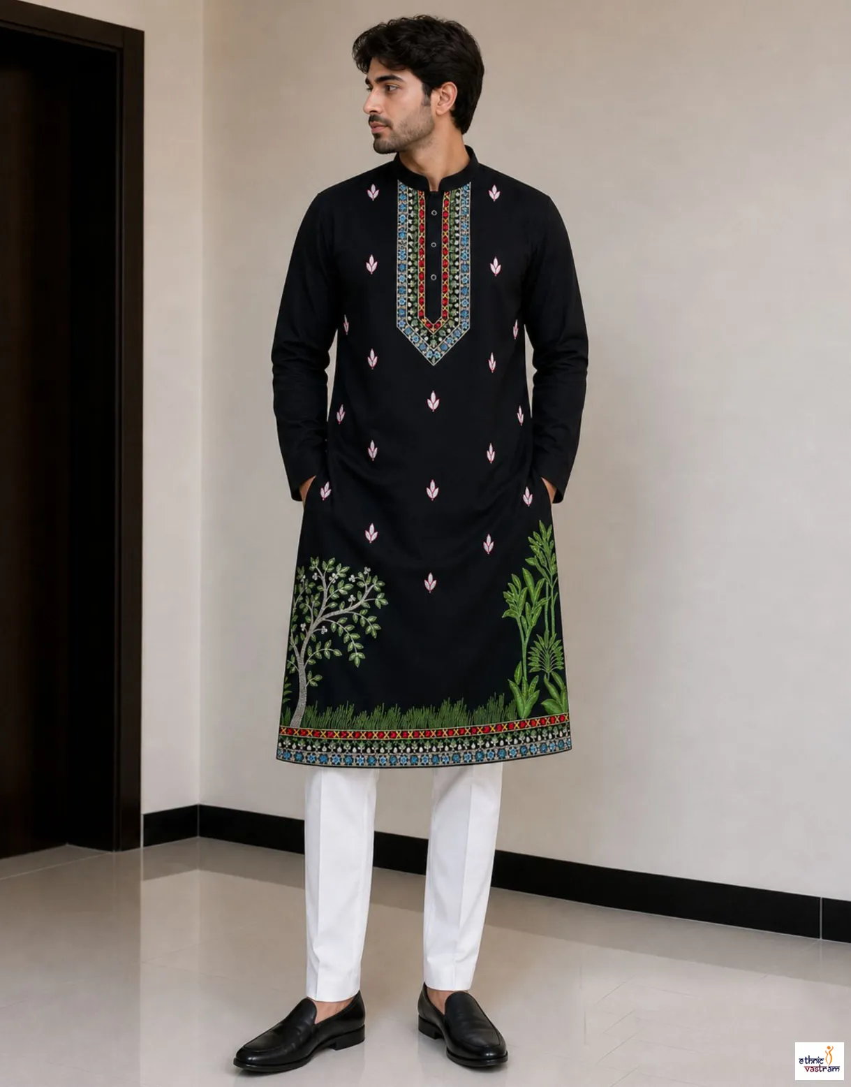 Black Pure Lachaka Embroidered Wedding Kurta Pajama Set