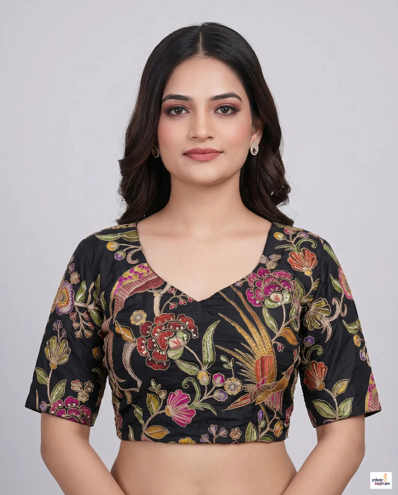 Black Pure Viscose Position Print Embroidered Padded Blouse