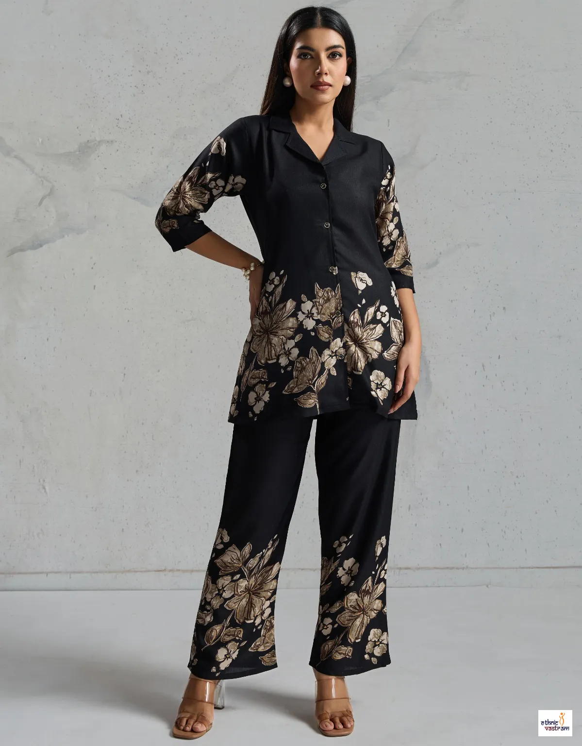 Black Pure Viscose Rayon Floral Printed Co-Ord Set