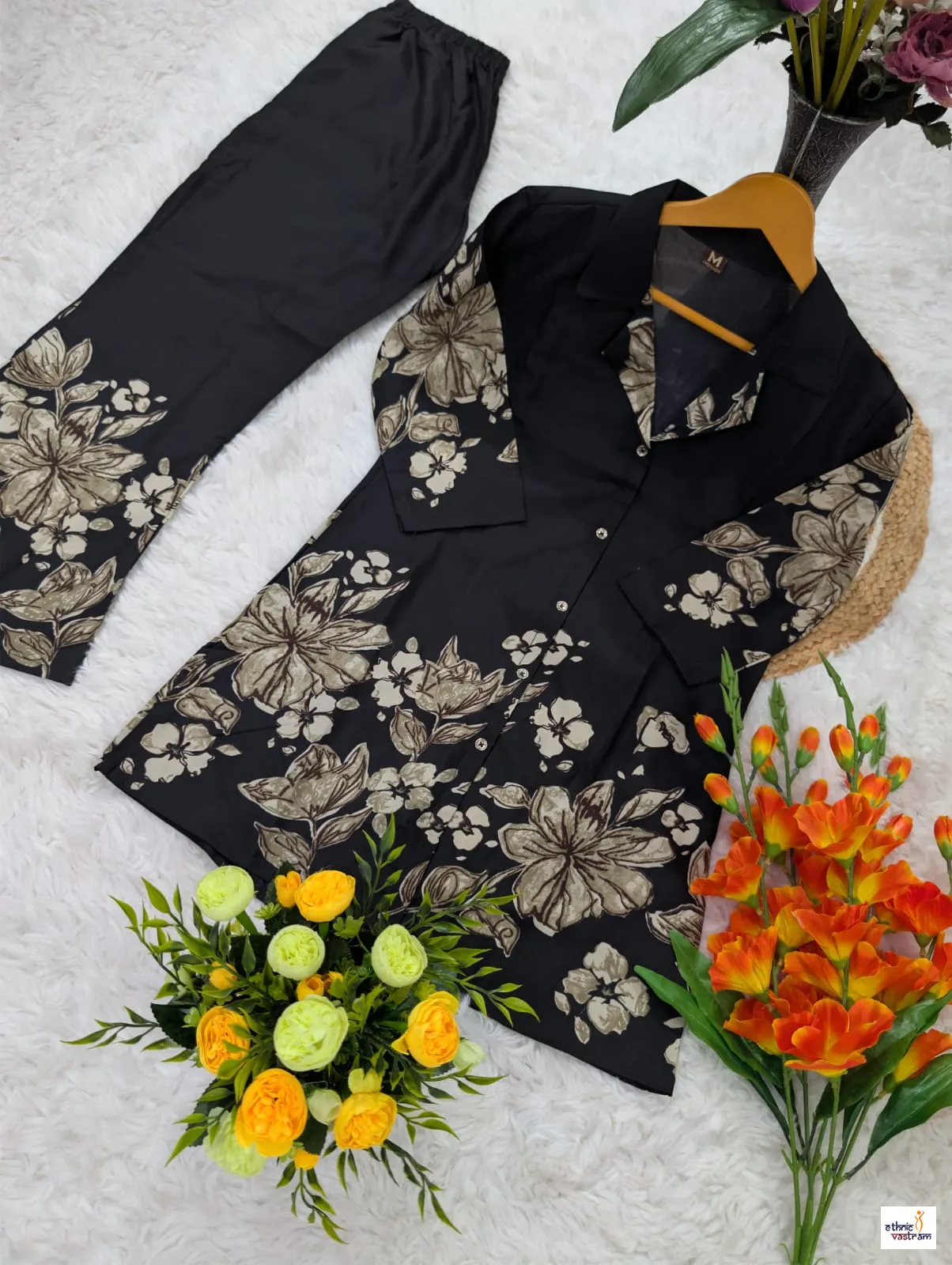 Black Pure Viscose Rayon Floral Printed Co-Ord Set - Image 3