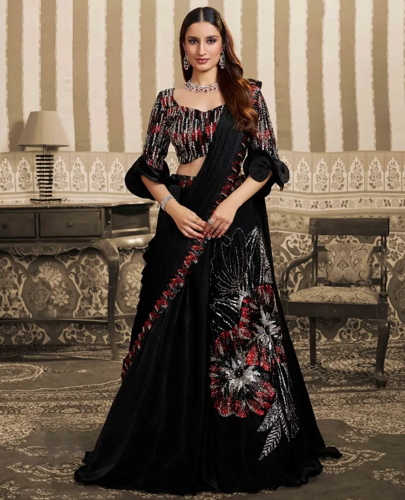Black Velvet Satin Sequins Highlighted Aari Work Lehenga Saree