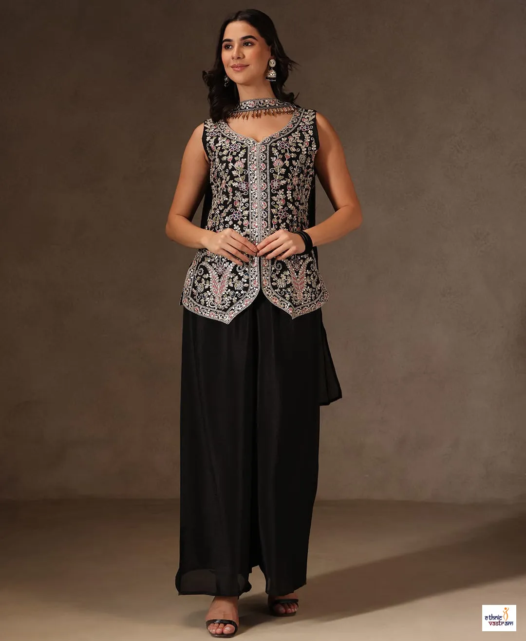 Black Viscose Chinon Sequins Embroidered Top Palazzo Set